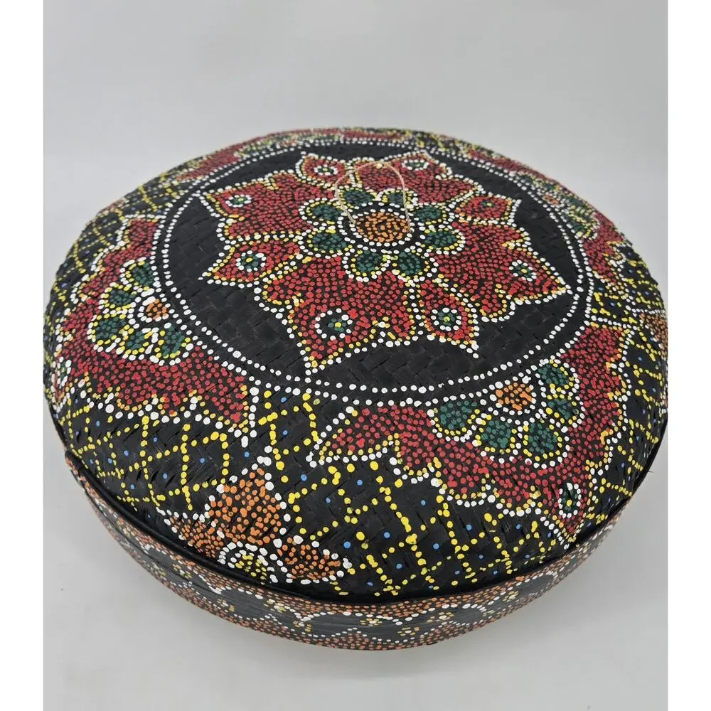 Vtg Large Bali Kaleidoscope Dot Hand Painted Woven Wicker Round Basket w/Lid